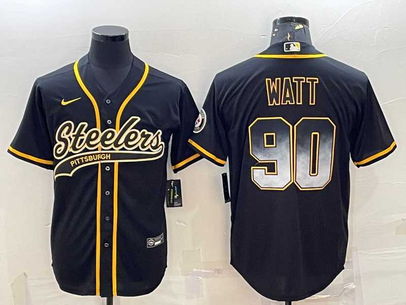 Mens Pittsburgh Steelers #90 TJ Watt Black Gold With Patch Smoke Cool Base Stitched Baseball Jersey